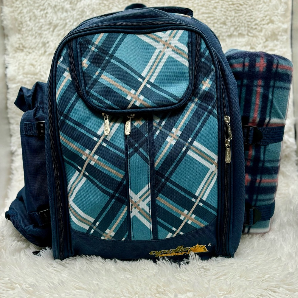 Opollo Blue Plaid Backpack with‎ Blanket